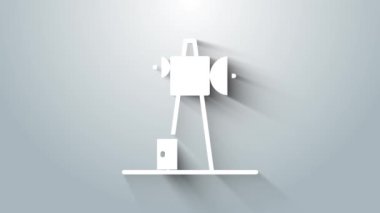 Gri arkaplanda beyaz anten simgesi izole edildi. Radyo anteni kablosuz. Teknoloji ve ağ sinyali radyo anteni. 4K Video hareketli grafik canlandırması.