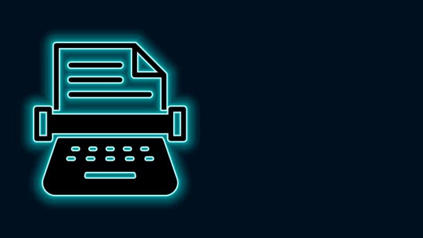 Glowing Neon Line Retro Typewriter Paper Sheet Icon Isolated Black — Stock Video