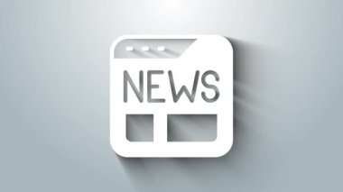 Beyaz Haber simgesi gri arkaplanda izole edildi. Gazete tabelası. Kitle iletişim sembolü. 4K Video hareketli grafik canlandırması.