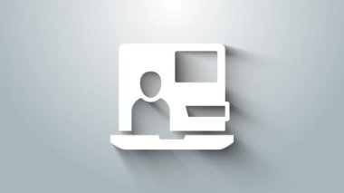 Beyaz Dünya haber simgesi gri arkaplanda izole edildi. Flaş haber, dünya haber kanalı. 4K Video hareketli grafik canlandırması.