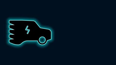 Parlak neon hattı elektrikli araba ve elektrik kablosu şarj ikonu siyah arka planda izole edildi. Yenilenebilir ekolojik teknolojiler. 4K Video hareketli grafik canlandırması.