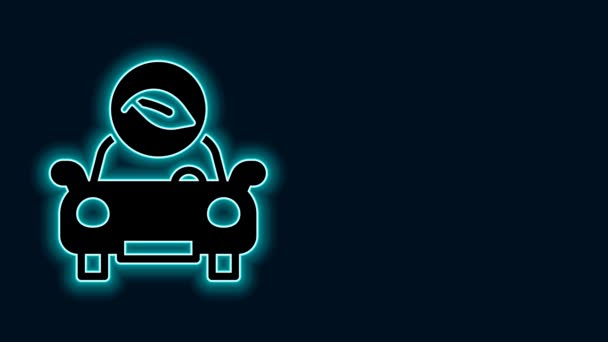 ネオンラインの輝き黒い背景に葉のアイコンが隔離されたエコカーコンセプトドライブ グリーンエネルギー車のシンボル 4Kビデオモーショングラフィックアニメーション — ストック動画
