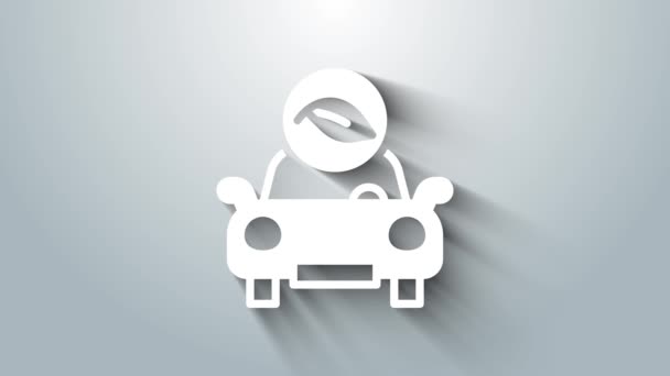 Концептуальний Привід Білого Автомобіля Піктограмою Листя Ізольовано Сірому Фоні Символ — стокове відео