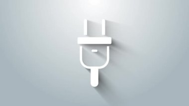 Gri arkaplanda beyaz elektrik prizi simgesi izole edildi. Bağlantı kavramı ve elektriğin kesilmesi. 4K Video hareketli grafik canlandırması.