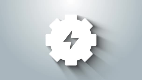 White Gear Bliksem Pictogram Geïsoleerd Grijze Achtergrond Elektriciteit Bliksemschicht Video — Stockvideo