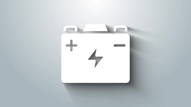 Ícone Bateria Carro Branco Isolado Fundo Cinzento Acumulador Energia Bateria — Vídeo de Stock