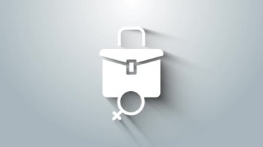 Gri arka planda izole edilmiş kadın simgesi için beyaz çalışma. İş kadını işi. 4K Video hareketli grafik canlandırması.