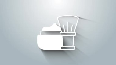 Gri zemin üzerinde köpük simgesi olan beyaz tıraş fırçası. Berber dükkanı sembolü. 4K Video hareketli grafik canlandırması.