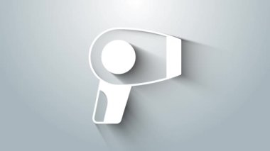 Gri arkaplanda beyaz saç kurutma ikonu izole edildi. Saç kurutma makinesi tabelası. Saç kurutma sembolü. Sıcak hava üflüyor. 4K Video hareketli grafik canlandırması.