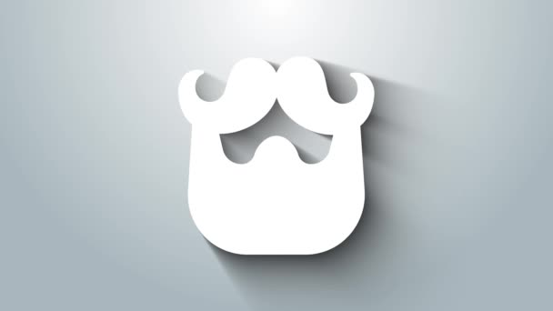 白色胡子和胡子图标孤立在灰色背景 理发店的标志面部发式 4K视频运动图形动画 — 图库视频影像