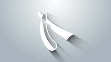 Gri arkaplanda beyaz düz jilet simgesi izole edildi. Berber dükkanı sembolü. 4K Video hareketli grafik canlandırması.