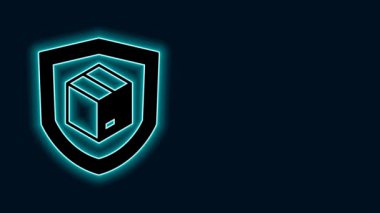 Parlayan neon hattı. Siyah zemin üzerinde kalkan simgesi olan teslimat güvenliği. Teslimat sigortası. Kalkanın ötesinde sigorta kutuları var. 4K Video hareketli grafik canlandırması.