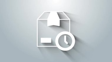 Beyaz karton kutu ve hızlı teslimat ikonu gri arka planda izole edildi. Kutu, paket, paket işareti. Teslimat ve ambalaj. 4K Video hareketli grafik canlandırması.