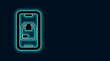 Siyah arkaplanda izole edilmiş uygulama dağıtım ikonu olan parlak neon hattı mobil akıllı telefon. Paket takibi. 4K Video hareketli grafik canlandırması.