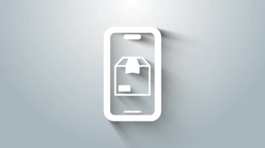 Gri arkaplanda uygulama dağıtım ikonu olan beyaz mobil akıllı telefon. Paket takibi. 4K Video hareketli grafik canlandırması.