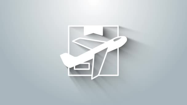 ホワイトプレーンと段ボール箱のアイコンはグレーの背景に隔離されています 航空便での貨物輸送 箱付きの飛行機 4Kビデオモーショングラフィックアニメーション — ストック動画