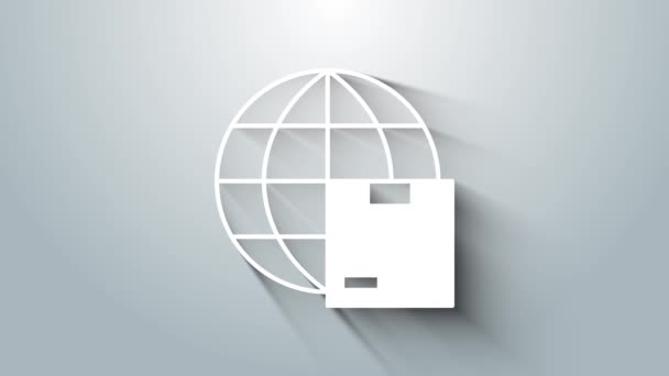 グレーの背景に隔離されたホワイトワールドワイド無料と段ボール箱のアイコン 4Kビデオモーショングラフィックアニメーション — ストック動画