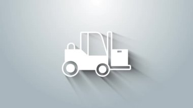 Beyaz Forklift kamyon simgesi gri arkaplanda izole edildi. Çatal doldurucu ve karton kutu. Kargo teslimatı, nakliye, ulaşım. 4K Video hareketli grafik canlandırması.