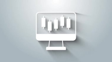 Borsa büyüme grafikleri ve gri arka planda izole para ikonu olan beyaz bilgisayar. Ekranda ok grafikleri olan bir monitör. 4K Video hareketli grafik canlandırması.