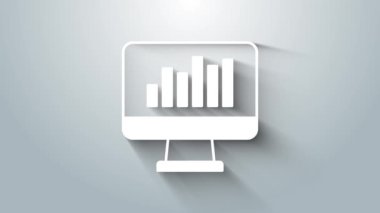 White Computer monitor with graph chart icon isolated on grey background. Report text file icon. Accounting sign. Audit, analysis, planning. 4K Video motion graphic animation.