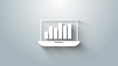 Gri arkaplanda grafik grafik simgesi olan beyaz dizüstü bilgisayar. Metin dosya simgesini rapor et. Muhasebe tabelası. Denetim, analiz, planlama. 4K Video hareketli grafik canlandırması.