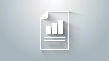 Grafik grafik simgesine sahip beyaz belge gri arkaplanda izole edildi. Metin dosya simgesini rapor et. Muhasebe tabelası. Denetim, analiz, planlama. 4K Video hareketli grafik canlandırması.