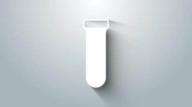 Gri arkaplanda beyaz test tüpü ve kimyasal test ikonu izole edildi. Laboratuvar cam levhası. 4K Video hareketli grafik canlandırması.