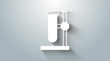 Kürsüdeki beyaz cam deney tüpü şişesi gri arka planda izole edilmiş. Laboratuvar ekipmanları. 4K Video hareketli grafik canlandırması.