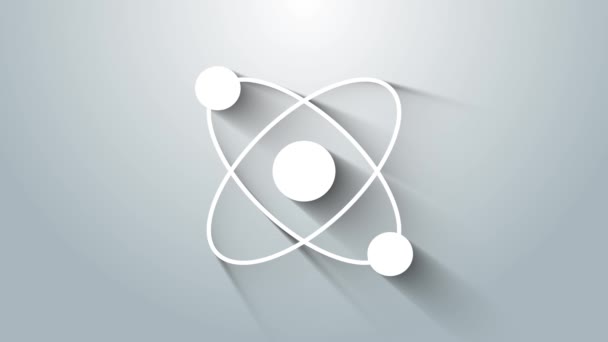 Λευκό Εικονίδιο Ατόμου Απομονωμένο Γκρι Φόντο Σύμβολο Επιστήμης Εκπαίδευσης Πυρηνικής — Αρχείο Βίντεο