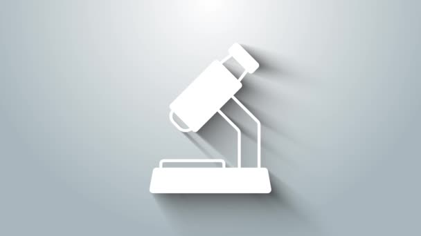 Ikona Bílého Mikroskopu Izolovaná Šedém Pozadí Chemie Farmaceutický Nástroj Zvětšovací — Stock video