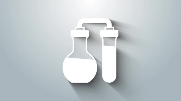 白色试管和烧瓶化学实验室测试图标隔离在灰色背景下 实验室玻璃器皿标志 4K视频运动图形动画 — 图库视频影像