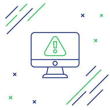 Beyaz arkaplanda ünlem simgesi izole edilmiş çizgi bilgisayar monitörü. Uyarı mesajı akıllı telefon uyarısı. Renkli taslak konsepti. Vektör