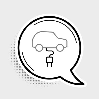 Elektrik hattı arabası ve elektrik kablosu şarj ikonu gri arka planda izole edildi. Yenilenebilir ekolojik teknolojiler. Renkli taslak konsepti. Vektör