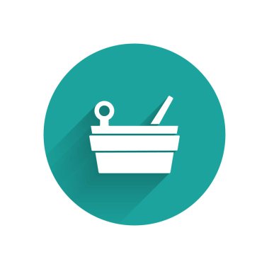 White Sauna bucket and ladle icon isolated with long shadow. Green circle button. Vector.