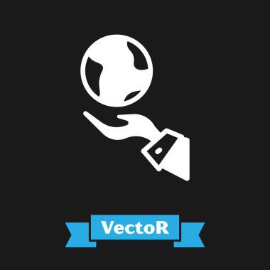 Dünya 'nın simgesini tutan beyaz insan elleri siyah arkaplanda izole edilmiş. Dünya kavramını sakla. Vektör.