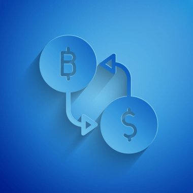Kağıt kesiği Kripto döviz simgesi mavi arka planda izole edildi. Bitcoin 'den dolar takas simgesine. Kripto para teknolojisi, mobil bankacılık. Kağıt sanatı tarzı. Vektör.