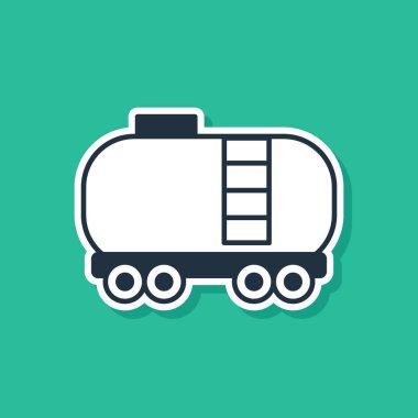 Blue Oil railway cistern icon isolated on green background. Train oil tank on railway car. Rail freight. Oil industry. Vector.