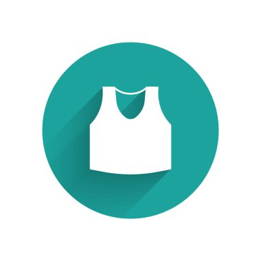 Beyaz atlet simgesi uzun gölge arkaplan izole. Yeşil daire düğmesi. Vektör.