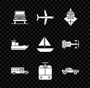 Set Car Plane Cargo ship School Bus Tram and railway Sedan car and Yacht sailboat or sailing icon. Vector.