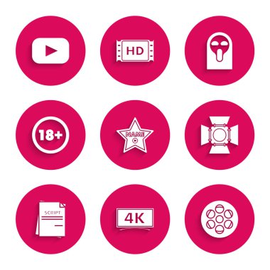 Set Hollywood walk of fame star on celebrity boulevard Film reel Movie spotlight Scenario Under 18 years Funny and scary ghost mask and Play icon. Vector.