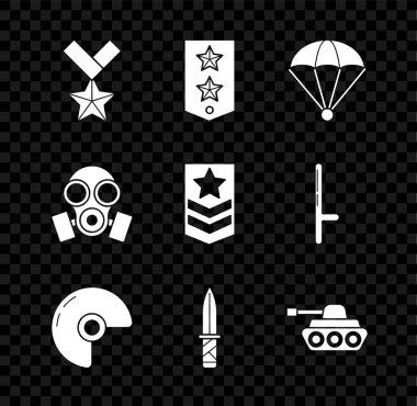 Set Military reward medal Chevron Parachute helmet knife tank Gas mask and icon. Vector.