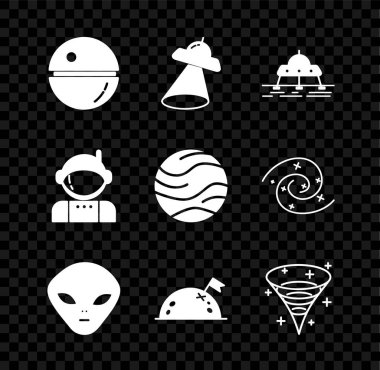 Set Death star UFO flying spaceship Mars rover Alien Planet with flag Black hole Astronaut and icon. Vector.
