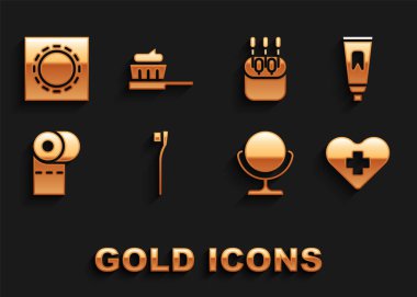 Set Toothbrush Tube of toothpaste Heart with cross Round makeup mirror Toilet paper roll Cotton swab for ears Condom in package safe sex and icon. Vector.