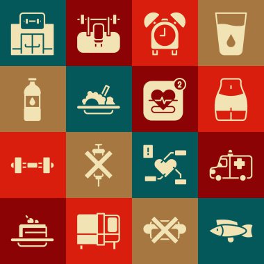 Set Fish Ambulance and emergency car Women waist Alarm clock Healthy food Bottle of water Gym building and Mobile with heart rate icon. Vector.
