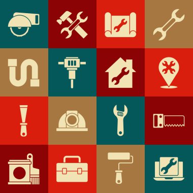 Set Laptop service Hand saw Location with wrench Graphing paper Construction jackhammer Industry pipe Electric circular and House repair icon. Vector.
