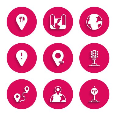 Set Location the globe Fork in road Traffic light Route location with exclamation mark Earth and Cafe and restaurant icon. Vector.