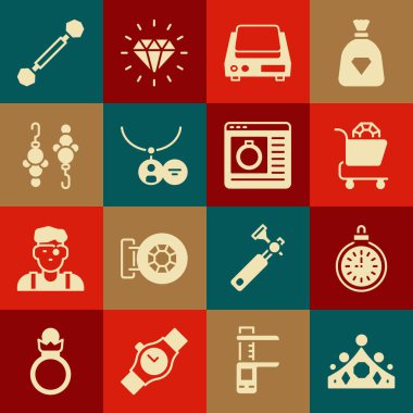 Set King crown Pocket watch Jewelry online shopping Electronic jewelry scales Locket necklace Earrings Piercing and icon. Vector.