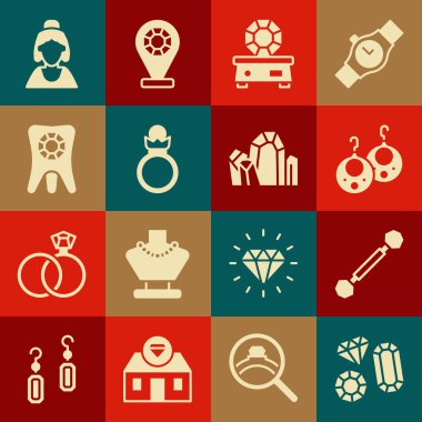 Set Gem stone Piercing Earrings Diamond engagement Tooth with diamond Consultant of jewelry store and icon. Vector.