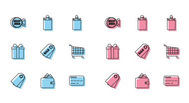 Set line Blank label template price tag, Signboard hanging inscription shop here, Credit card, Price Sale, Shopping cart, Gift box and Paper shopping bag icon. Vector
