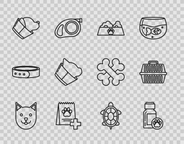 Set line Cat, Dog medicine bottle, Pet food bowl for cat or dog, Bag of, Veterinary clinic symbol, Turtle and carry case icon. Vector